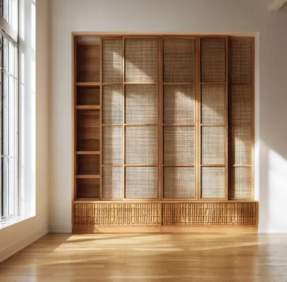 Wabi-sabi style rattan screen partition, living room entrance foyer, mobile folding storage bookshelf background - Image 9