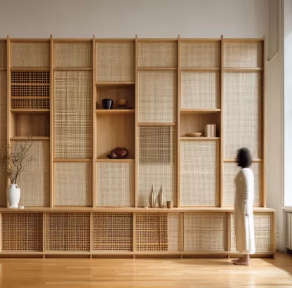 New Chinese-style creative solid wood rattan woven screen for living room, tea room, study, high-end design sense screen for bedroom and entrance hall
