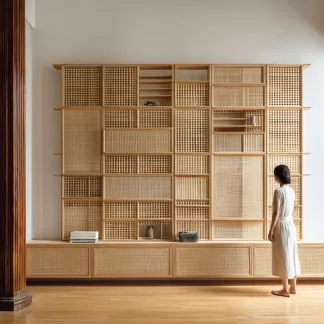Wabi-sabi style rattan screen partition, living room entrance foyer, mobile folding storage bookshelf, background bookcase