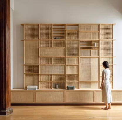 Wabi-sabi style rattan screen partition, living room entrance foyer, mobile folding storage bookshelf, background bookcase