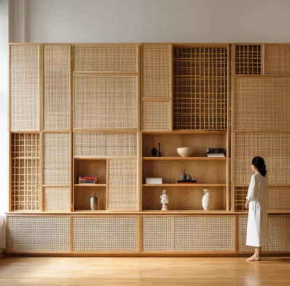 Wabi-sabi style rattan screen partition, living room entrance foyer, mobile folding storage bookshelf, background bookcase - Image 9
