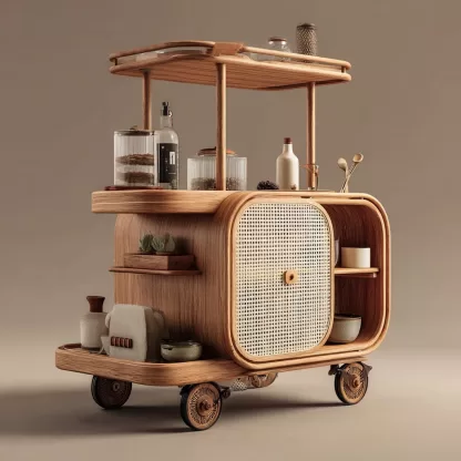 baoyihuang. A natural wood and rattan drink cart with wheels in 13fa172f 8280 4990 838c e29e5b9f73fb 2