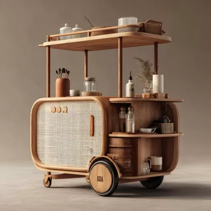 baoyihuang. A natural wood and rattan drink cart with wheels in 13fa172f 8280 4990 838c e29e5b9f73fb 4