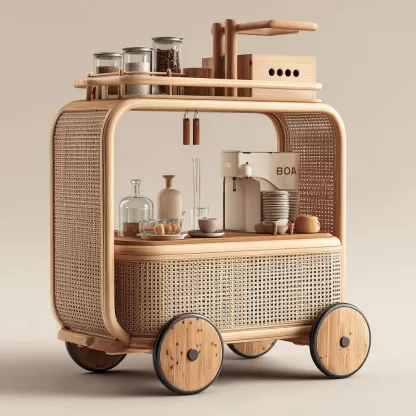 baoyihuang. A natural wood and rattan drink cart with wheels in 1bf9ebcf 7c9f 4b69 bacb 1b4cac88d88e 1