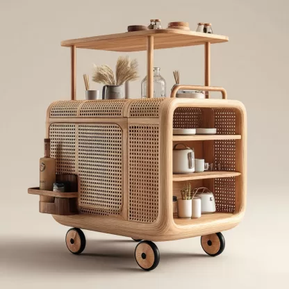 baoyihuang. A natural wood and rattan drink cart with wheels in 1bf9ebcf 7c9f 4b69 bacb 1b4cac88d88e 3