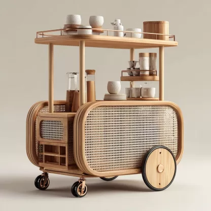 baoyihuang. A natural wood and rattan drink cart with wheels in 1bf9ebcf 7c9f 4b69 bacb 1b4cac88d88e 4