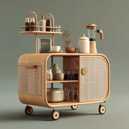 baoyihuang. A natural wood and rattan drink cart with wheels in 2b2eb20a c763 4c4b 9cb5 edd856a40489 1