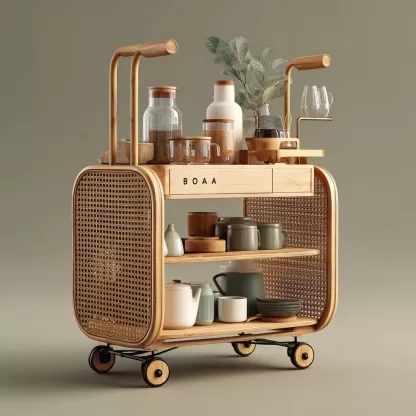 baoyihuang. A natural wood and rattan drink cart with wheels in 2b2eb20a c763 4c4b 9cb5 edd856a40489 2
