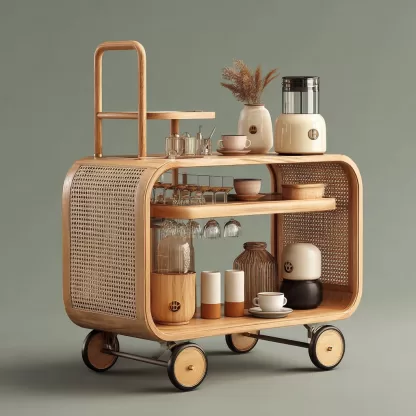 baoyihuang. A natural wood and rattan drink cart with wheels in 2b2eb20a c763 4c4b 9cb5 edd856a40489 3