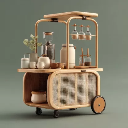 baoyihuang. A natural wood and rattan drink cart with wheels in 2b2eb20a c763 4c4b 9cb5 edd856a40489 4