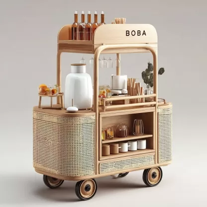 baoyihuang. A natural wood and rattan drink cart with wheels in 345aa045 7139 4024 afa5 6f11155ab57f 1