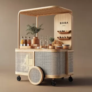 baoyihuang. A natural wood and rattan drink cart with wheels in 709b3af1 14f2 456a b7e1 8ee4b93b04b2 4