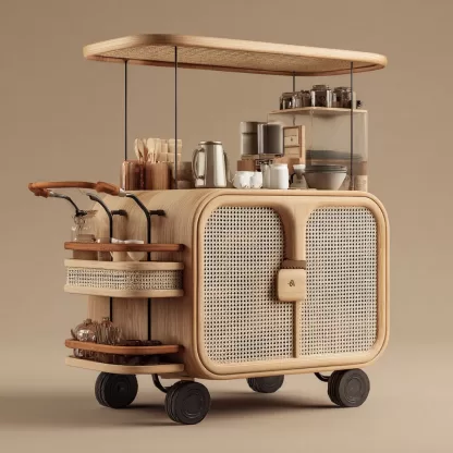 baoyihuang. A natural wood and rattan drink cart with wheels in 7427bacb 47c0 49cd ba93 d48aabc4b3bf 1