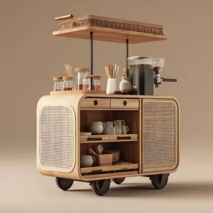 baoyihuang. A natural wood and rattan drink cart with wheels in 7427bacb 47c0 49cd ba93 d48aabc4b3bf 3