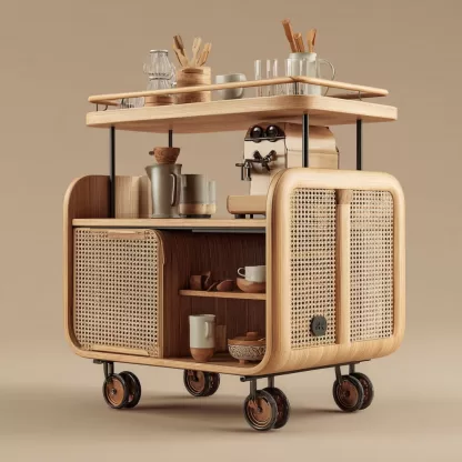 baoyihuang. A natural wood and rattan drink cart with wheels in 7427bacb 47c0 49cd ba93 d48aabc4b3bf 4