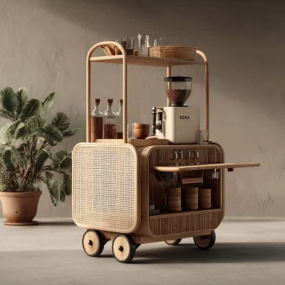 baoyihuang. A natural wood and rattan drink cart with wheels in 75e13525 65e2 4d0b 94d1 4b05b293aafe 1