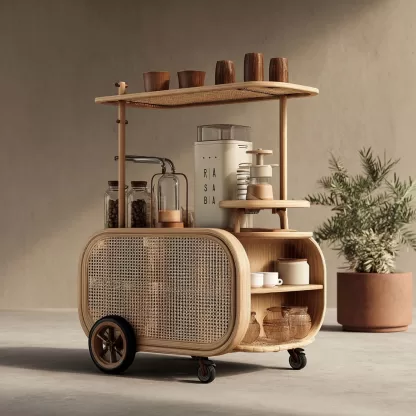 baoyihuang. A natural wood and rattan drink cart with wheels in 75e13525 65e2 4d0b 94d1 4b05b293aafe 2