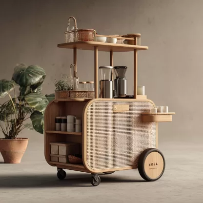 baoyihuang. A natural wood and rattan drink cart with wheels in 75e13525 65e2 4d0b 94d1 4b05b293aafe 3