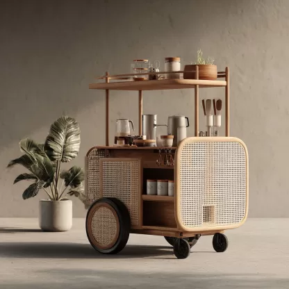 baoyihuang. A natural wood and rattan drink cart with wheels in 75e13525 65e2 4d0b 94d1 4b05b293aafe 4
