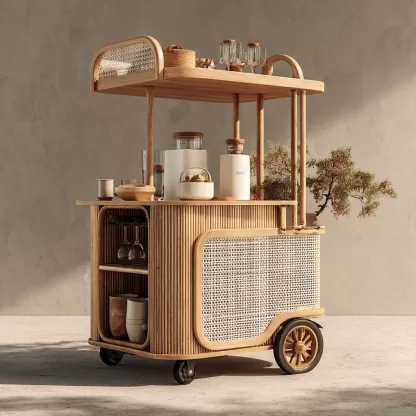 baoyihuang. A natural wood and rattan drink cart with wheels in 92b1c4b3 2c03 4a40 90e9 05ef62bc588a 1