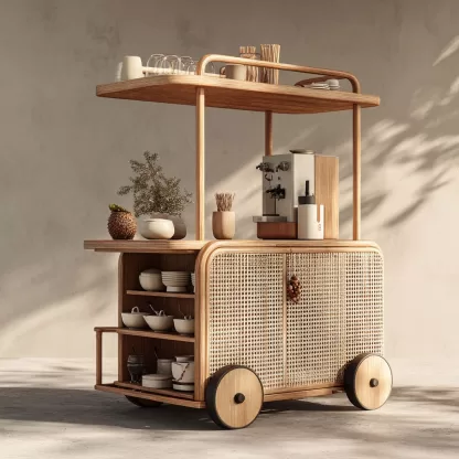 baoyihuang. A natural wood and rattan drink cart with wheels in 92b1c4b3 2c03 4a40 90e9 05ef62bc588a 2