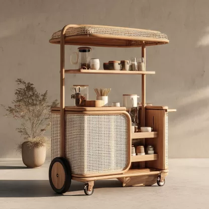 baoyihuang. A natural wood and rattan drink cart with wheels in 92b1c4b3 2c03 4a40 90e9 05ef62bc588a 3