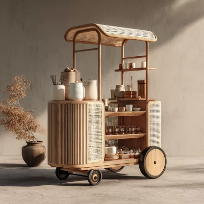 baoyihuang. A natural wood and rattan drink cart with wheels in 92b1c4b3 2c03 4a40 90e9 05ef62bc588a 4