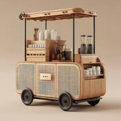 baoyihuang. A natural wood and rattan drink cart with wheels in bbe7067b adda 41b3 af1c 11de6ab48689 1
