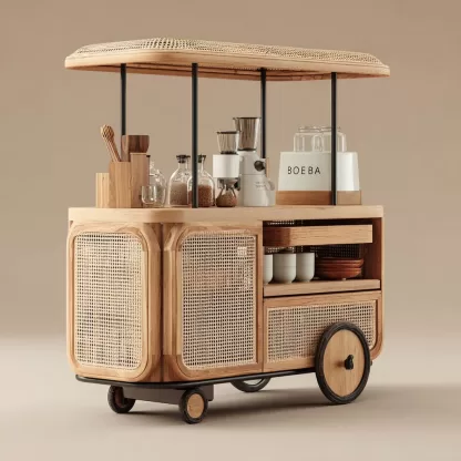 baoyihuang. A natural wood and rattan drink cart with wheels in bbe7067b adda 41b3 af1c 11de6ab48689 3