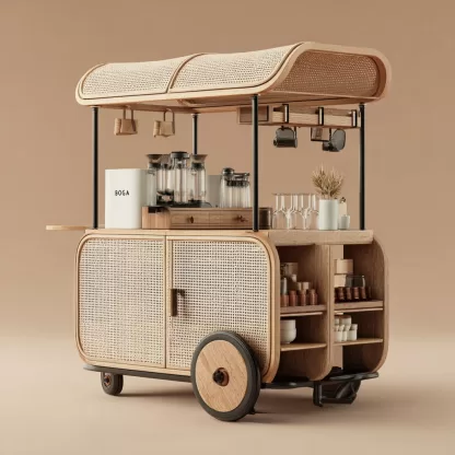 baoyihuang. A natural wood and rattan drink cart with wheels in bbe7067b adda 41b3 af1c 11de6ab48689 4