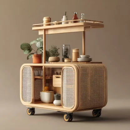 baoyihuang. A natural wood and rattan drink cart with wheels in bcb260e4 76cc 4ef9 a1e1 5509216c1625 2