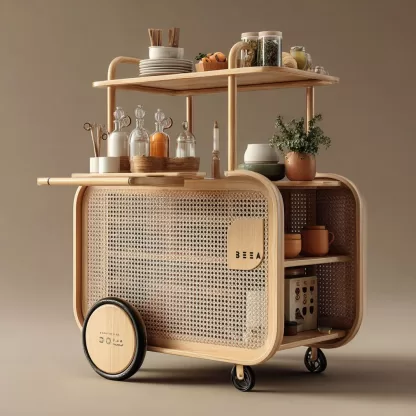 baoyihuang. A natural wood and rattan drink cart with wheels in bcb260e4 76cc 4ef9 a1e1 5509216c1625 3