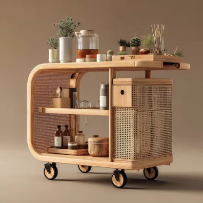 baoyihuang. A natural wood and rattan drink cart with wheels in bcb260e4 76cc 4ef9 a1e1 5509216c1625 4