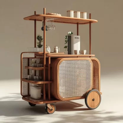 baoyihuang. A natural wood and rattan drink cart with wheels in d4ed3395 b407 474f 9296 1fbf85fde2c7 1