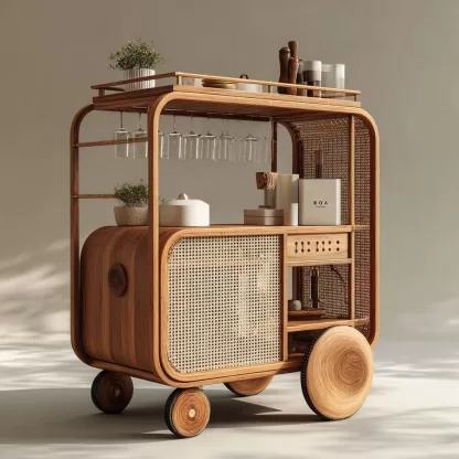 baoyihuang. A natural wood and rattan drink cart with wheels in d4ed3395 b407 474f 9296 1fbf85fde2c7 2