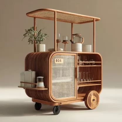 baoyihuang. A natural wood and rattan drink cart with wheels in d4ed3395 b407 474f 9296 1fbf85fde2c7 3