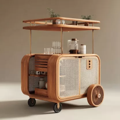 baoyihuang. A natural wood and rattan drink cart with wheels in d4ed3395 b407 474f 9296 1fbf85fde2c7 4