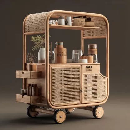 baoyihuang. A natural wood and rattan drink cart with wheels in ecdbf12d 9b5c 41b3 9b86 a91e3cdbe16b 1