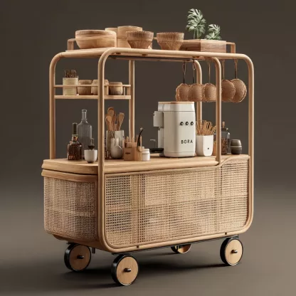 baoyihuang. A natural wood and rattan drink cart with wheels in ecdbf12d 9b5c 41b3 9b86 a91e3cdbe16b 3
