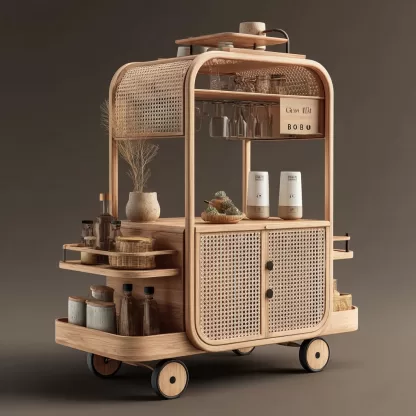 baoyihuang. A natural wood and rattan drink cart with wheels in ecdbf12d 9b5c 41b3 9b86 a91e3cdbe16b 4