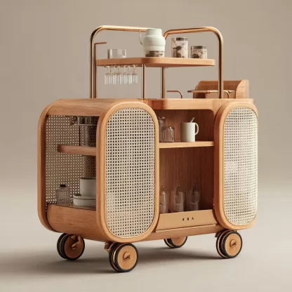 baoyihuang. A natural wood and rattan drink cart with wheels in f46e3c2a 879e 44bd 9000 acd8e58ee296 2