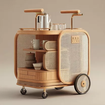 baoyihuang. A natural wood and rattan drink cart with wheels in f46e3c2a 879e 44bd 9000 acd8e58ee296 3