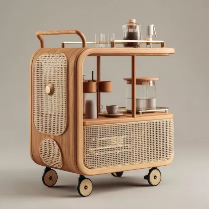 baoyihuang. A natural wood and rattan drink cart with wheels in f46e3c2a 879e 44bd 9000 acd8e58ee296 4