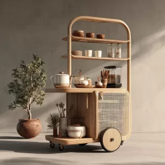 baoyihuang. A natural wood and rattan drink cart with wheels in f72d9492 5124 45ca be48 0c8c599f78b9 1