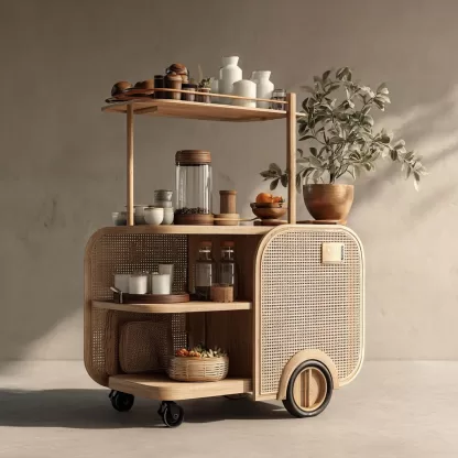 baoyihuang. A natural wood and rattan drink cart with wheels in f72d9492 5124 45ca be48 0c8c599f78b9 2