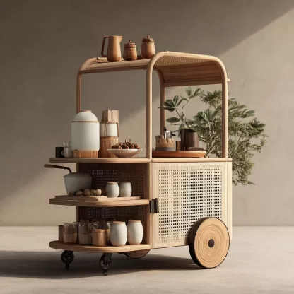 baoyihuang. A natural wood and rattan drink cart with wheels in f72d9492 5124 45ca be48 0c8c599f78b9 3