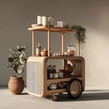baoyihuang. A natural wood and rattan drink cart with wheels in f72d9492 5124 45ca be48 0c8c599f78b9 4