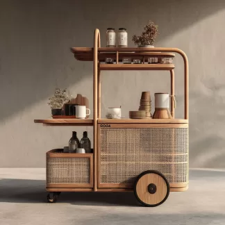 baoyihuang. A natural wood and rattan drink cart with wheels in fced8c2c ae23 44c5 a70a 9b0efcdad429 1