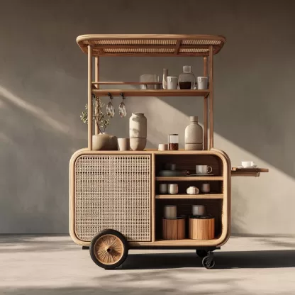 baoyihuang. A natural wood and rattan drink cart with wheels in fced8c2c ae23 44c5 a70a 9b0efcdad429 2