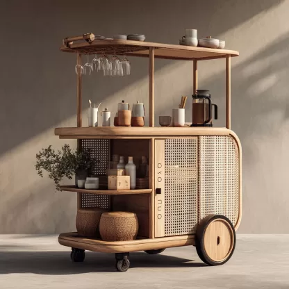 baoyihuang. A natural wood and rattan drink cart with wheels in fced8c2c ae23 44c5 a70a 9b0efcdad429 3